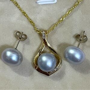 14K Yellow Gold Filled Natural Black South Sea Pearl Pendant Necklace Earrings